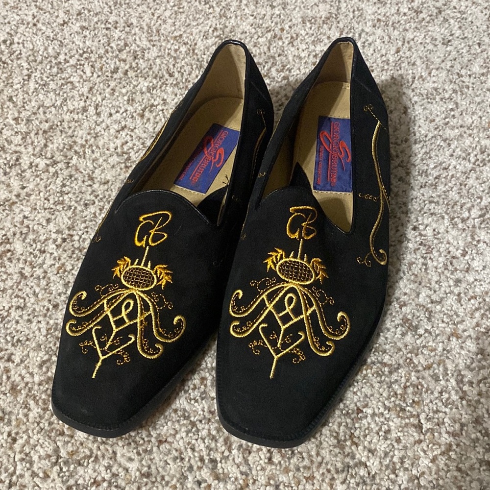 Giorgio Brutini Men's Suede Crest Embroidered Loafers Black Gold 8 8M